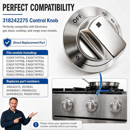 318242275 Burner Control Knob Replacement for electrolux Gas Stove Range Cooktop, Fits E30DF74TPSA E30GF74TPSA E36DF76TPSB, Replace 3513943 AP5809411 PS9495232 EAP9495232 (1)