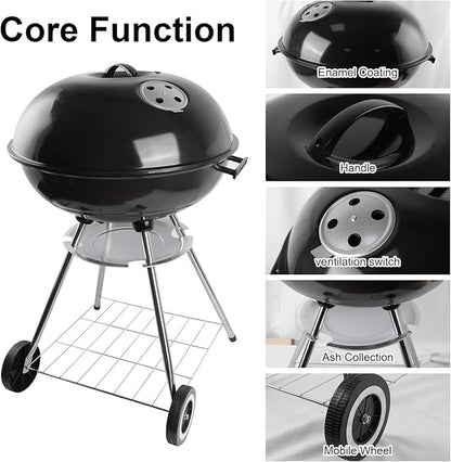 Portable charcoal grill -22 inch water kettle grill with handle, including lid and grill mesh, paired with barbecue tools, suitable for backyard, camping, picnicking, and gatherings (large)