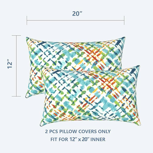 LVTXIII Outdoor Lumbar Pillow Covers, Patio Decorative Lumbar Pillow Cases ONLY, Fluffy Fade-Resistant Lumbar Cushion Cases for Home Balcony and Garden, 12x20 Inch, Pack of 2, Acapa Opal Geometric