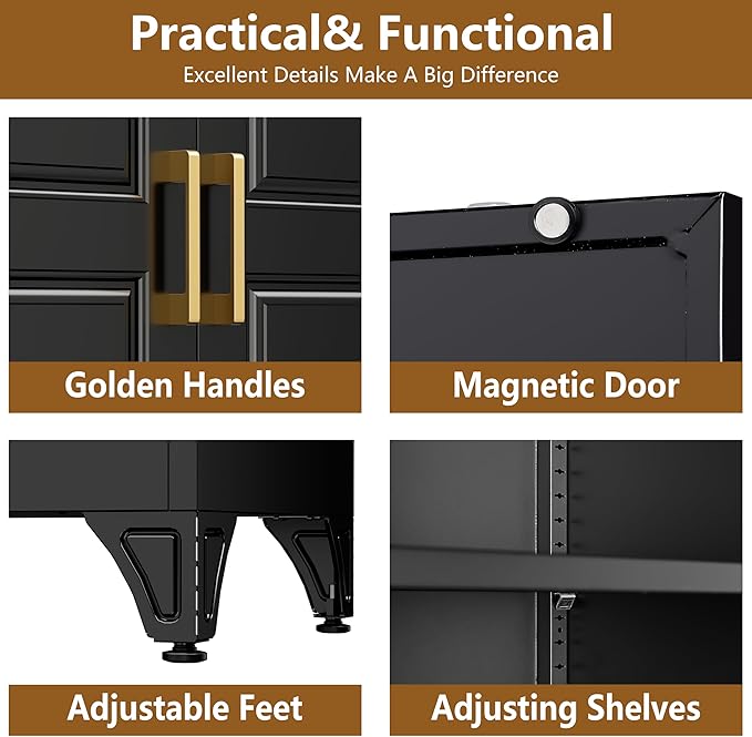 Polup Kitchen Pantry Cabinet, 75" H Metal Storage Cabinet with Doors and Shelves, 4 Standing Feet, Cupboard for Kitchen, Dining, Living Room, 16" D x 32" W x 75" H, Black, Assembly Required