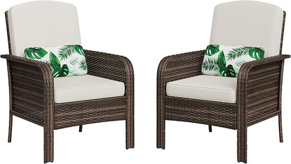 GarveeHome Outdoor Wicker Chairs Set of 2, All-Weather High Back Rattan Patio Furniture, 2-Piece Conversation Set with Comfy Cushions for Porch, Deck, Brown, Beige Cushion