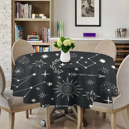 Sun Moon Round Tablecloth Boho Astrology Celestial Constellation Star Crescent Galaxy Space Table Cloth Water Resistant Wipeable Table Cover for Picnic Party Holiday Kitchen Dinner Table 36"