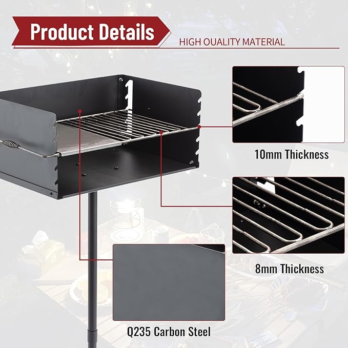 25"×17" Park-Style Charcoal Grill, Heavy Duty Steel Outdoor BBQ Park Grill with Stainless Steel Cooking Grate and Post for Backyard or Camping, Black