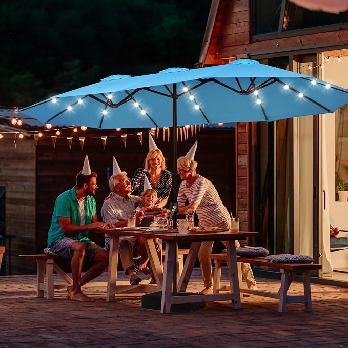 ABCCANOPY 15FT Solar LED Double-Sided Umbrella with Base, Turquoise | Rectangular Outdoor Table Umbrella with Crank, Heavy Duty Market Umbrella Shade for Garden,Poolside, Lawn, Backyard