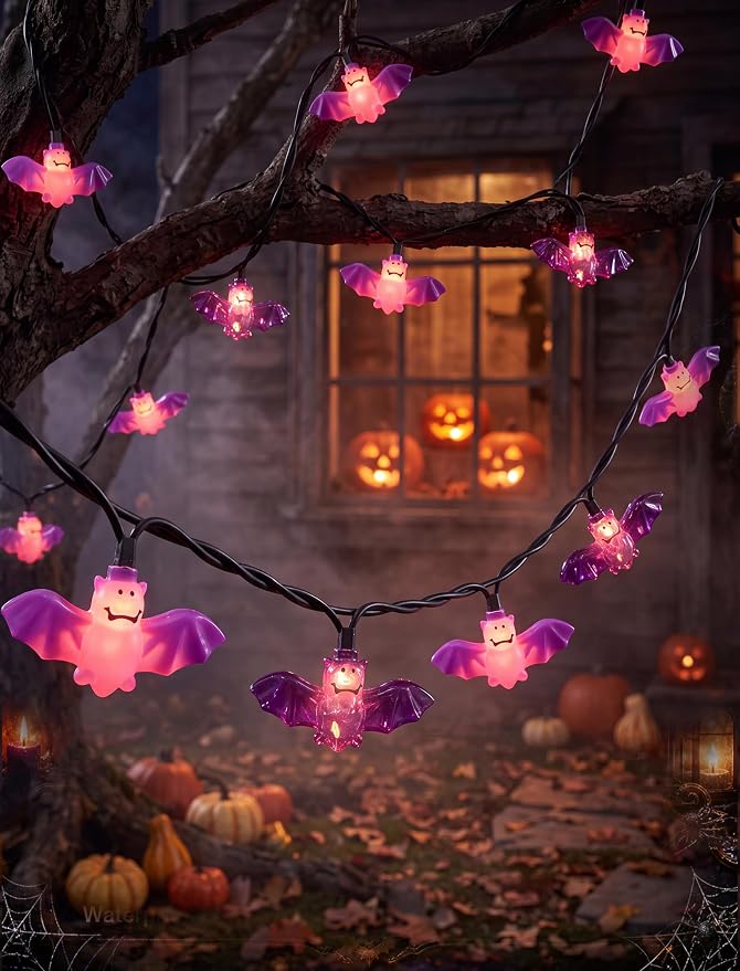 8.5Ft Halloween Bat String Lights Outdoor, 10 LED Purple Bat Decor Plug In | Shatterproof & Waterproof, End-to-end Connectable, Hanging Halloween Decoration for Home Patio Yard Party, 2700K Warm White
