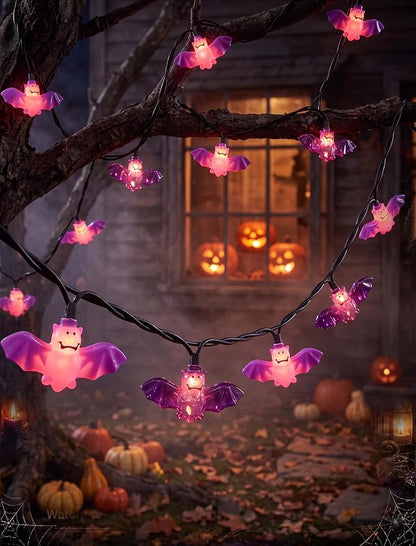 8.5Ft Halloween Bat String Lights Outdoor, 10 LED Purple Bat Decor Plug In | Shatterproof & Waterproof, End-to-end Connectable, Hanging Halloween Decoration for Home Patio Yard Party, 2700K Warm White