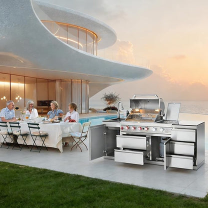 83" Outdoor Kitchen Island with Grill and Side Burner, 4-Burner 71,500 BTU Propane BBQ Island, Sink & Three-Drawer Storage, Rotisserie, for Backyard and Patio Cooking, Silver