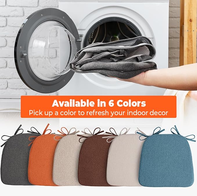 Sunsleek Chair Cushions for Dining Chairs, D-Shaped Seat Cushions with Removable Washable Cover and Ties, Chair Pads for Kitchen, Indoor Dining Room, Patio Chairs, 17'' x 16'', Set of 6, Dark Grey