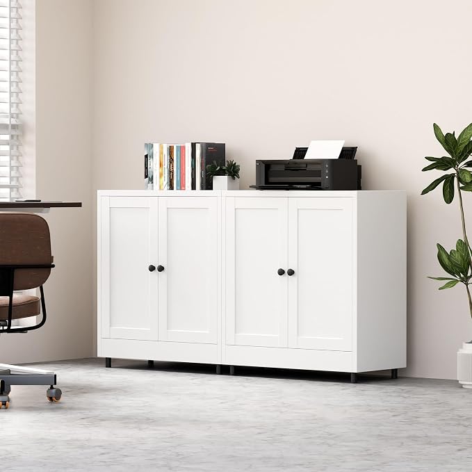 Metal Storage Cabinet with 2 Doors and Adjustable Shelf, Steel Sideboard Buffet Cabinet for Home Office Hallway Entryway Kitchen Living Dining Room (White)