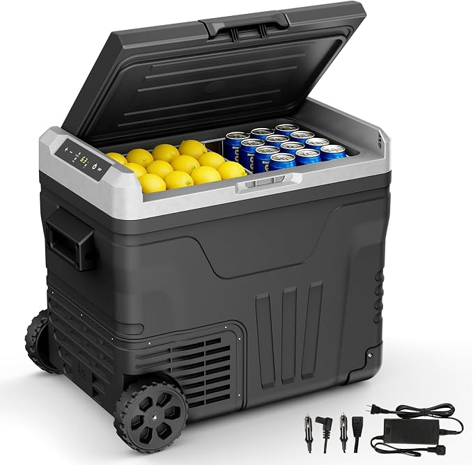12 Volt Refrigerator,53QT -4℉~68℉ Electric Cooler with Wheels for Car,Black | 50L Car Fridge Compressor,Plug in Coolers for Vehicles,Portable Refrigerator for Camping with 2 Baskets, Freezer Cooler