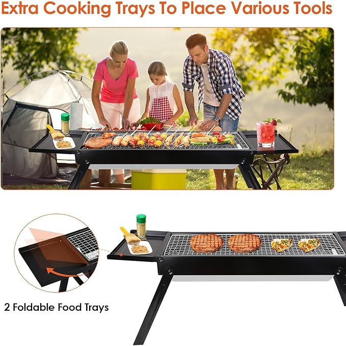 Generic Portable Foldable BBQ Griddle, Outdoor Camping Barbecue Grill, Iron-Plated, Charcoal Drawer, for Outdoor Camping Hiking Picnics Traveling, 34.25in x 8.85in x 12in LxWxH (Ship From US), Black