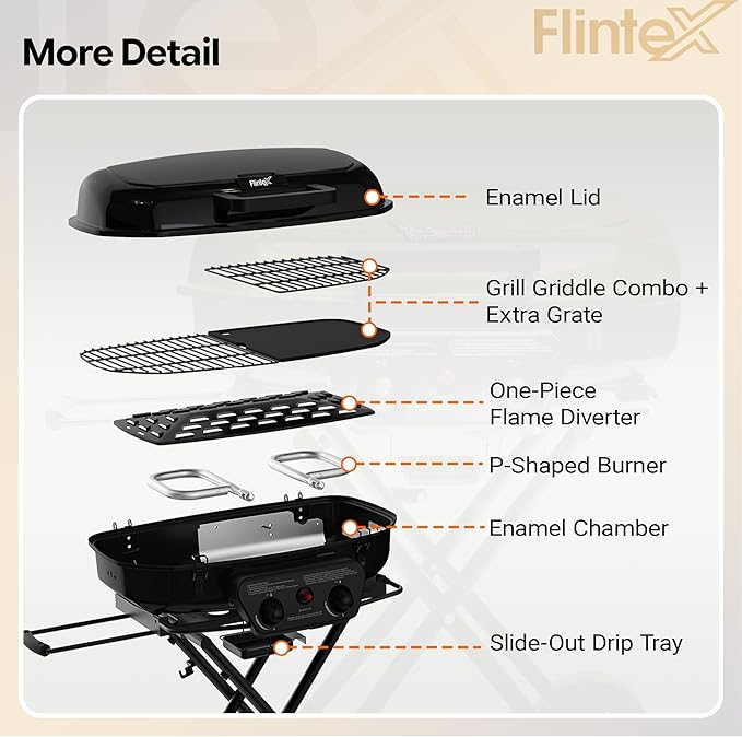 Flintex 2-Burner Portable Propane Gas Grill, Foldable 2-in-1 Camping Propane Grill with Porcelain-Enameled Griddle & Grill Grate for Outdoor Camping Picnics Backyard Cooking, Black