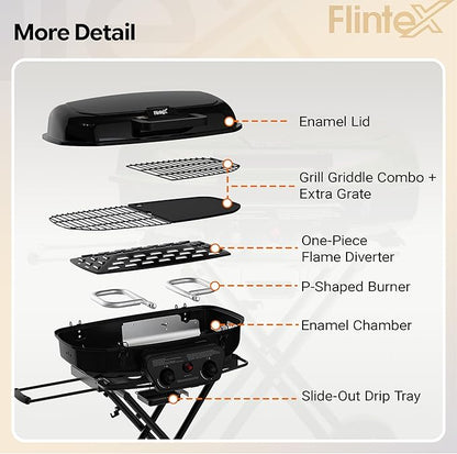 Flintex 2-Burner Portable Propane Gas Grill, Foldable 2-in-1 Camping Propane Grill with Porcelain-Enameled Griddle & Grill Grate for Outdoor Camping Picnics Backyard Cooking, Black