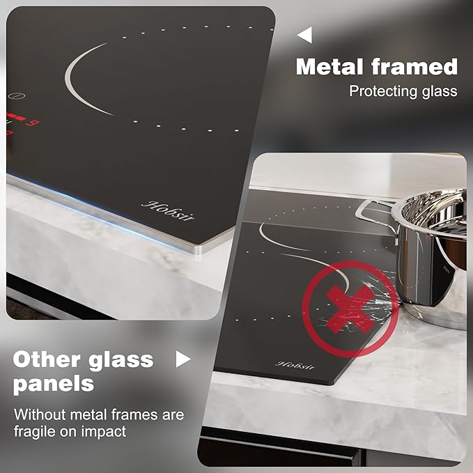 Hobsir 24 Inch Electric Cooktop 4 Burner 6000W, 24" Radiant Electric Stove Top, Built-in Ceramic Stove Top with Sliding Control, Timer, Safety Lock, 9 Power Levels, 220V-240V Hard Wire (No Plug)
