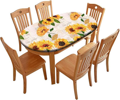 Oval Sunflower Fitted Tablecloths, Vintage Yellow Sunflower with Newspaper Backdrop Elastic Edged Table Cover, Wrinkle Resistant Table Cloths for Indoor Family Banquet Use, Fits to 52x70 In Table