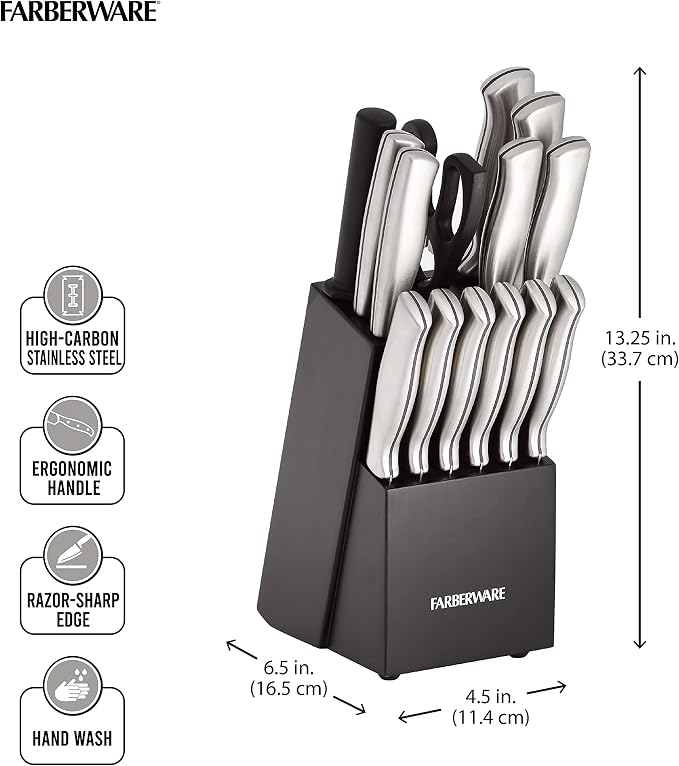 Farberware 15-Piece Kitchen Knife Set, High-Carbon Stainless Steel Blades with Wood Block, Steak Knives, Sharpening Tool & All-Purpose Shears, Razor Sharp, Ergonomic Stainless Steel Handles