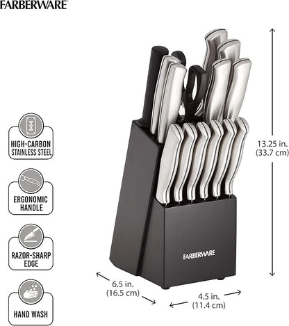 Farberware 15-Piece Kitchen Knife Set, High-Carbon Stainless Steel Blades with Wood Block, Steak Knives, Sharpening Tool & All-Purpose Shears, Razor Sharp, Ergonomic Stainless Steel Handles