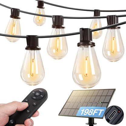 addlon 198FT(192FT+6) Solar String Lights Outdoor, Waterproof, Last 20+ Hrs | 68 Shatterproof LED Bulbs, USB Charging, Dimmable, Timer Remote, Easy Install for Garden, Backyard, Pergola and Party