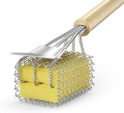 Bristle-Free Grill Brush with Scraper - Safe Steam Clean BBQ Brush with 18" Heat-Resistant Handle, 304 Stainless Locked-Core Mesh Head & HD Scraper | No Loose Wires Design | Grill Grate Cleaner Tool