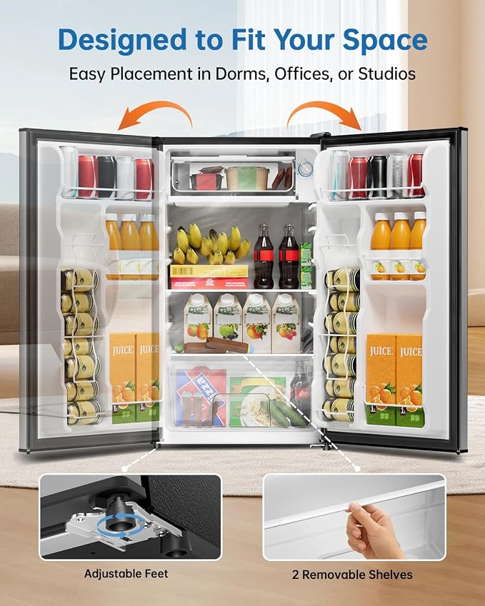 3.2 Cu Ft Mini Fridge with Freezer - Energy Efficient, Large Capacity Single Door Upright Freezer for Bedroom, Office & Dorm | Small Fridge, Reversible Door, ETL Certified(Silver)