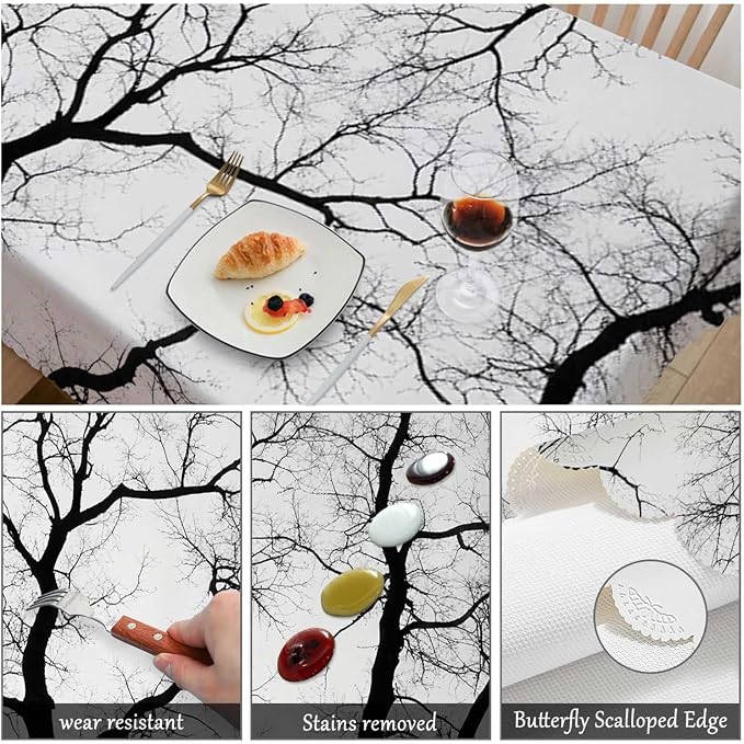 Swono Dead Tree Tablecloth Black White Tree Branch Rectangle Table Cloth Washable Plaid Table Cover for Kitchen Holiday Dinner Camping BBQ, 52x 70 Inch Tablecloth