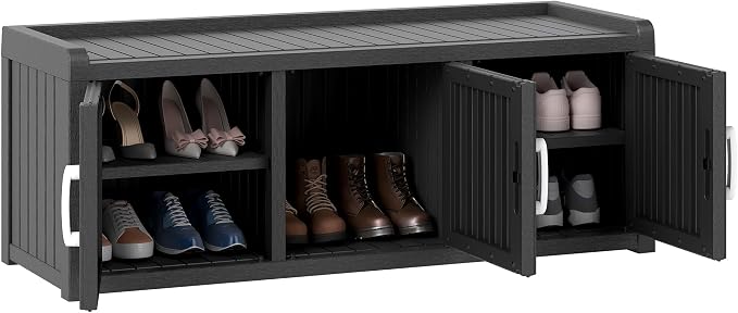 NUNU LAB Resin Shoe Cabinet,Waterproof Shoe Storage Cabinet with Adjustable Shelves,Entryway Storage Bench with Seat,Shoe Bench with Doors for Foyer,Hallway,Living Room (Black, 3-Door)