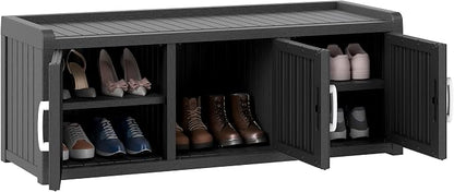 NUNU LAB Resin Shoe Cabinet,Waterproof Shoe Storage Cabinet with Adjustable Shelves,Entryway Storage Bench with Seat,Shoe Bench with Doors for Foyer,Hallway,Living Room (Black, 3-Door)