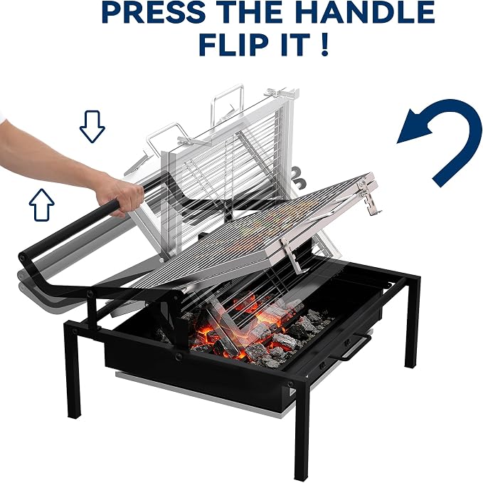 Rotating Charcoal Grill, Heavy-Duty Professional Flip Grill | 303 SQ.IN. Large Cooking Surface, Detachable Grill, for 3-8 People, for Camping, Tailgating, Patio