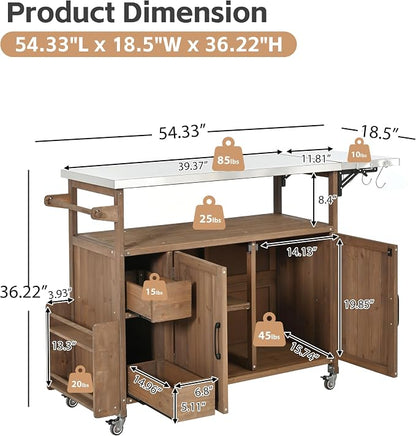 Christopher Knight Home Edsel Outdoor Bar Cart with Stainless Steel Top and Lockable Wheels, Solid Wood Outdoor Storage Cabinet, Kitchen Island Serving Cart for Poolside, Garden, Natural Brown+Silver