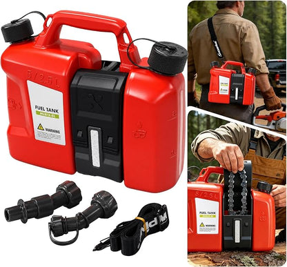Dual-Chamber Chainsaw Fuel and Bar Oil Can, Portable 2-in-1 Refueling Container with Adjustable Shoulder Strap, Visible Level Window, Covered Tool Storage Box and Leak-Resistant Pour Spouts for Forestry Yard Farm Work