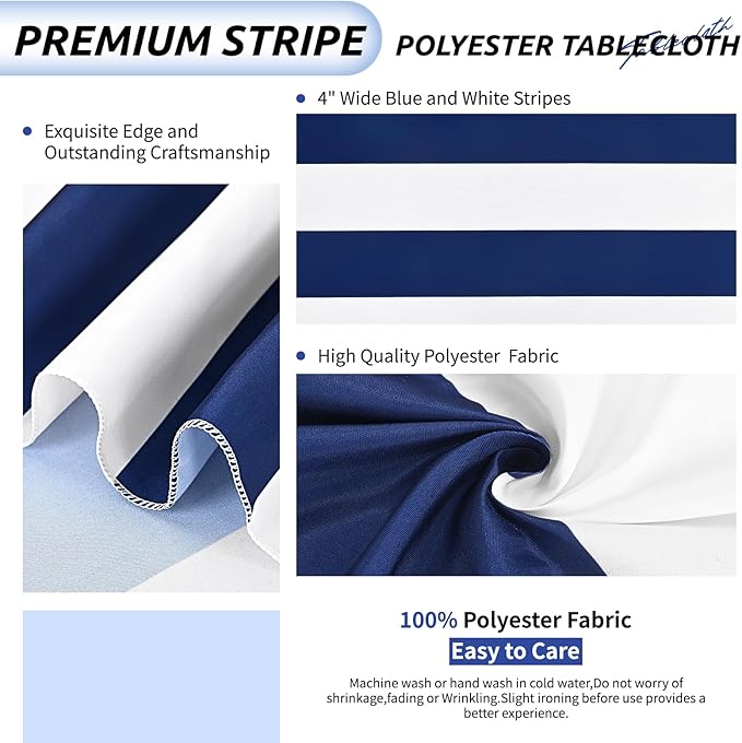2 Pack Blue and White Striped Rectangle Tablecloth, 60x84inch, Polyester Fabric, Washable, for Coffee Table, Birthday Party, Picnic, Barbecue, Indoor/Outdoor Dining