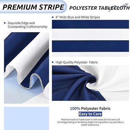 2 Pack Blue and White Striped Rectangular Tablecloth, 54x108inch Polyester Fabric, Washable, For Afternoon Tea, Birthday Party, Picnic, Barbecue, Indoor Outdoor Dining