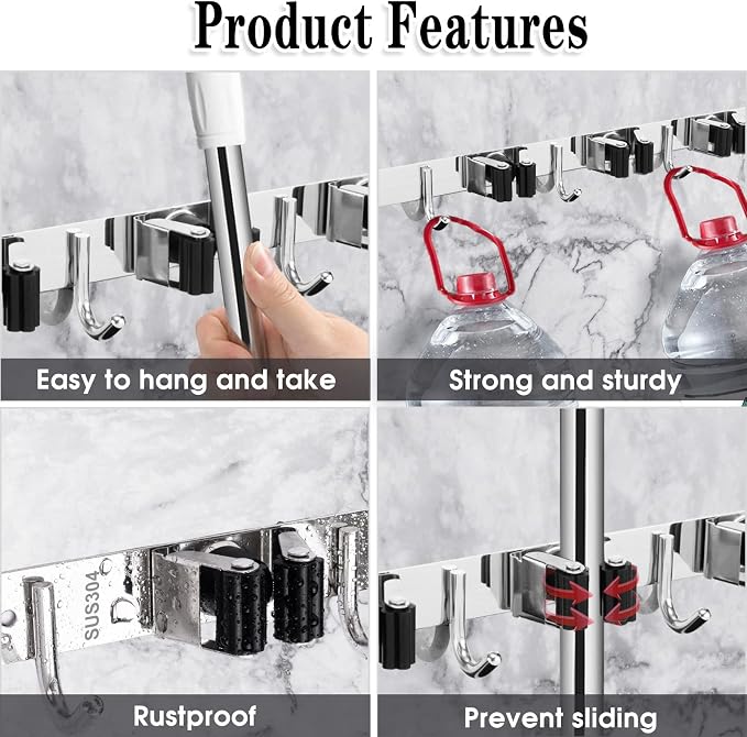 2 Pack Broom Holder Wall Mount, 5 Racks 4 Hooks Mop and Broom Organizer | Mop Holder Wall Mount and Broom Hanger for Garage, Laundry Room, Kitchen and Utility Storage