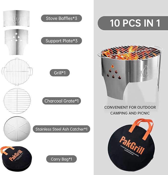 14" Portable Folding Campfire Grill, Stainless Steel Charcoal Grill with Carry Bag for Camping, Bonfire, Picnic and Backyard Cooking