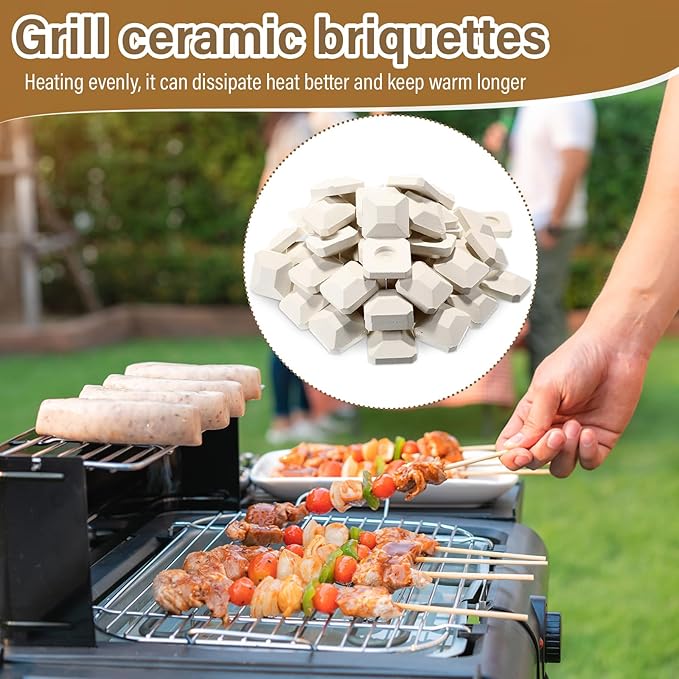 Baquler 30 Pcs Ceramic Briquettes for Gas Grill Replacement 2"x2" Universal BBQ Grill Briquettes, Reusable Even Heat Distribution Stone for Most Grills, Reusable Heat Plates Alternative