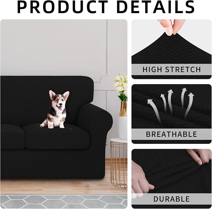ISSUNTEX 3 Pieces High Stretch Thicken Loveseat Couch Covers, Soft Sofa Slipcover for 2 Separate Cushion Couch, Jacquard Fabric Elastic Sofa Cover Furniture Protector for Dogs (Loveseat, Black)