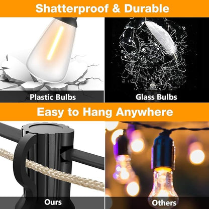 GLUROO 60FT LED Outdoor Patio Lights Waterproof with 30+2 Vintage Bulbs Shatterproof Energy Saving,2700K Hanging Edison String Lights Outside for Backyard,Bistro,Camping,Gazebo