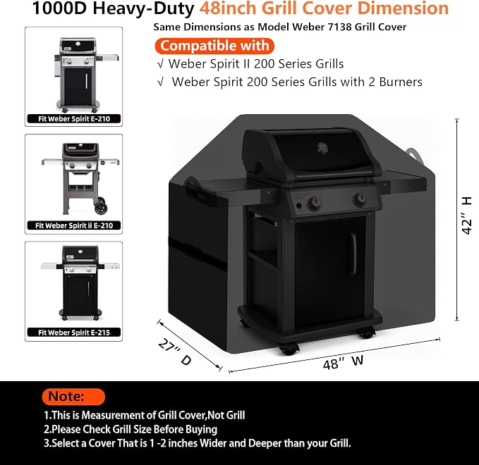 48" BBQ Grill Cover for Outdoor Grill 1000D Heavy Duty Waterproof | Fits Weber Spirit and Spirit II 200 Series Gas Grills, Tear & Fade Resistant 7138 Grill Cover with Buckles, Air Vents, Handle
