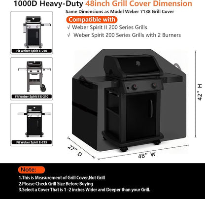 48" BBQ Grill Cover for Outdoor Grill 1000D Heavy Duty Waterproof | Fits Weber Spirit and Spirit II 200 Series Gas Grills, Tear & Fade Resistant 7138 Grill Cover with Buckles, Air Vents, Handle