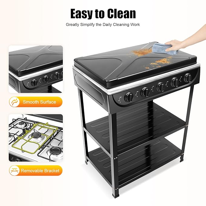 5 Burner Gas Stove, Portable Natural Gas Stove with Support Leg Stand and Wind Blocking Cover Adapter, Manual Ignition Camping Stove, ideal for Home Cooking, RV, Apartment, Commercial Purpose (Black)
