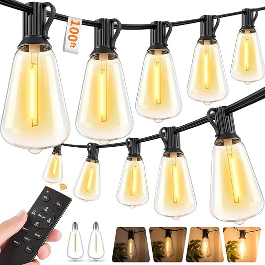 Hotsonic Remote Control Outdoor String Lights Waterproof, 100FT LED Outside Lights with Shatterproof Bulbs, Dimmable Hanging Light 3 Modes for Patio Porch Garden pergola Yard House Bistro Party decors