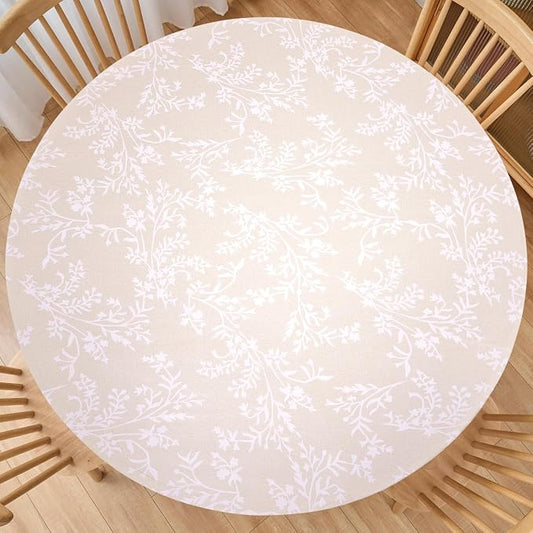 LIBERECOO Round Vinyl Fitted Tablecloth with Flannel Backing Elastic Edge Plastic Table Cover - Warm Brich - Waterproof Stain-Resistant Wipeable Tablecloths