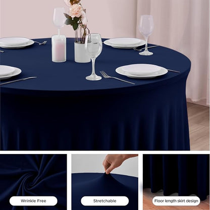 Fitted Navy Spandex Table Skirts for Wedding Party,60 Inch Round,6 Pack | Spandex Table Covers, For 5 Ft Wedding Cake Tables, Wrinkle Resistant, Ruffle Design Banquets, Baby Showers, Parties