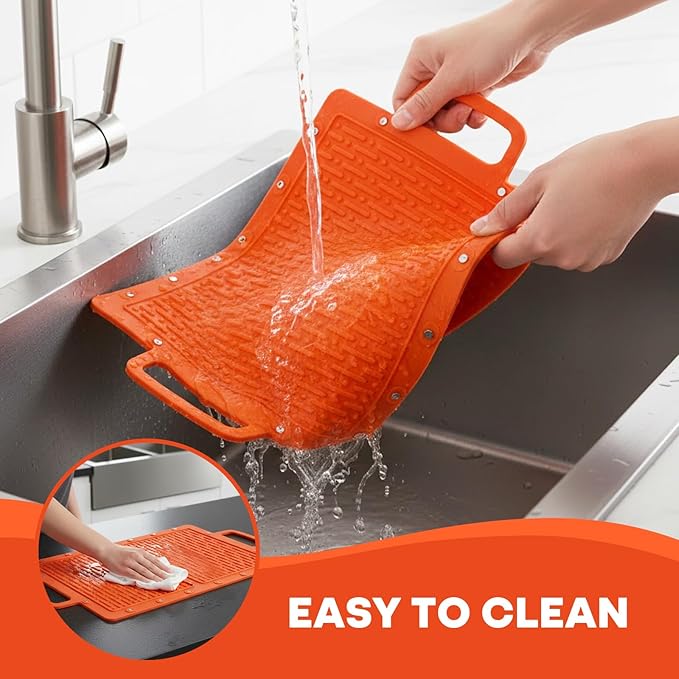 Portable Outdoor Silicone Grill Mat, Foldable Heat-Resistant Table Mat & BBQ Side Shelf Tool Pad with Snap Buttons, Converts into Storage Bag for Utensils and Food, Food-Grade, Non-Slip(Orange)