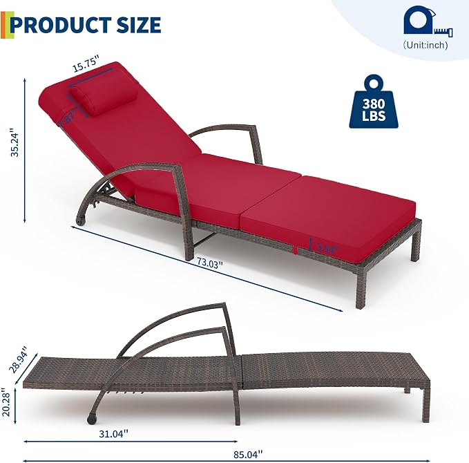GarveeLife 2-Piece Rattan Patio Folding Chaise Lounge, 5-Position Adjustable Backrest Outdoor Lounge Chair with Cushion and Pillow for Poolside, Backyard, Deck, Porch, Red