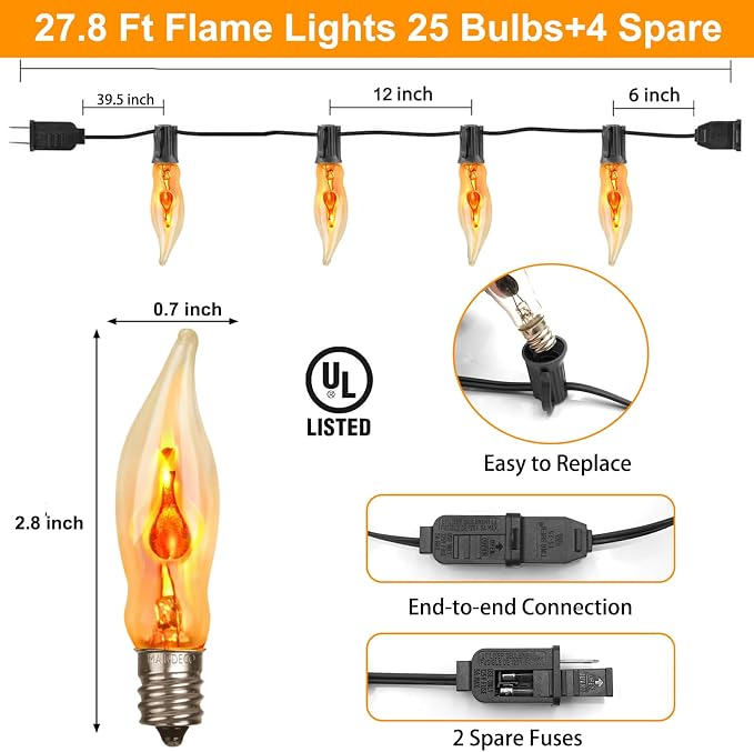 Halloween Lights 27.8 FT Flickering Flame String Lights with 25 Flame Light Bulbs Twinkle C18 E12 Base Indoor Outdoor Fireplace Tree for Halloween Decorations-Black Wire