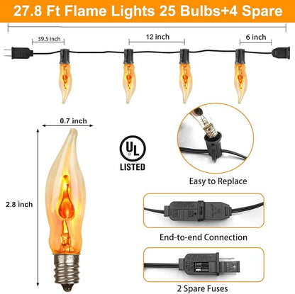 Halloween Lights 27.8 FT Flickering Flame String Lights with 25 Flame Light Bulbs Twinkle C18 E12 Base Indoor Outdoor Fireplace Tree for Halloween Decorations-Black Wire