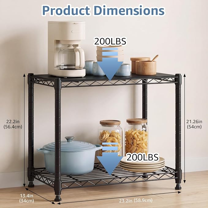 DUMOS 2-Tier Metal Storage Shelves, Wire Shelving, Storage Rack, 23.3" W | Heavy Duty Steel Shelves, Wire Adjustable Standing, Kitchen Bathroom Garage Pantry Organizers, 22.3"H