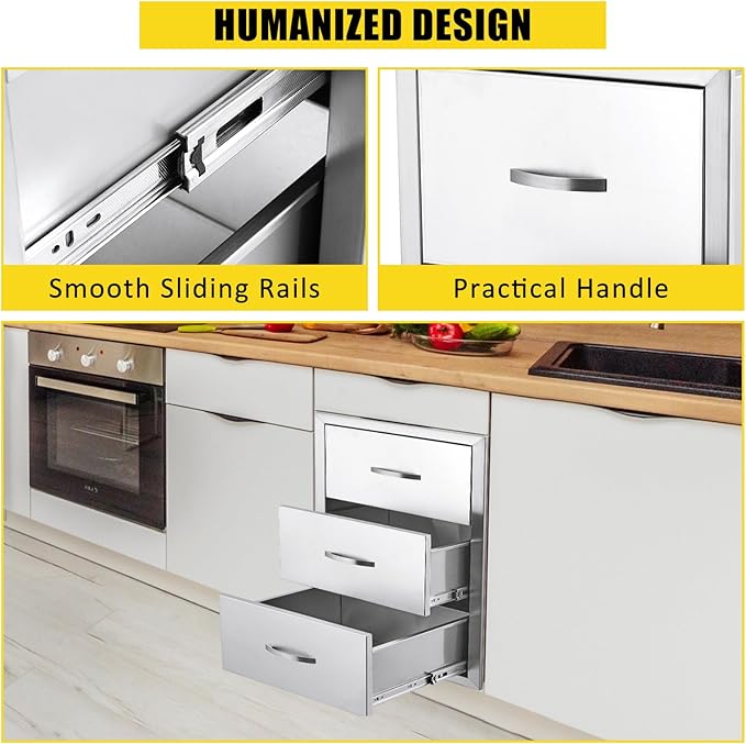 GarveeLife 14 W x 21H x 23D Inch Outdoor Kitchen Drawers Stainless Steel, Flush Mount Triple Drawers with Stainless Steel Handle, BBQ Drawers for Outdoor Kitchens or BBQ Island