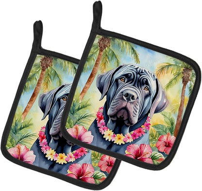Caroline's Treasures Neapolitan Mastiff Luau Pair of Pot Holders Kitchen Heat Resistant Pot Holders Sets Oven Hot Pads for Cooking Baking BBQ, 7 1/2 x 7 1/2